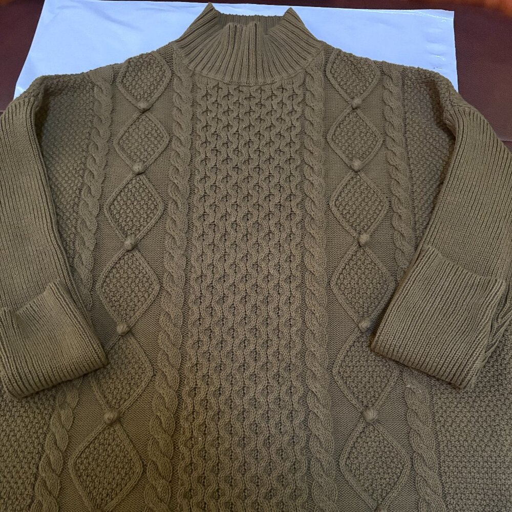 J CREW Pom Pom Cable Knit Sweater Mock Neck Cotton Moss Green Sz S